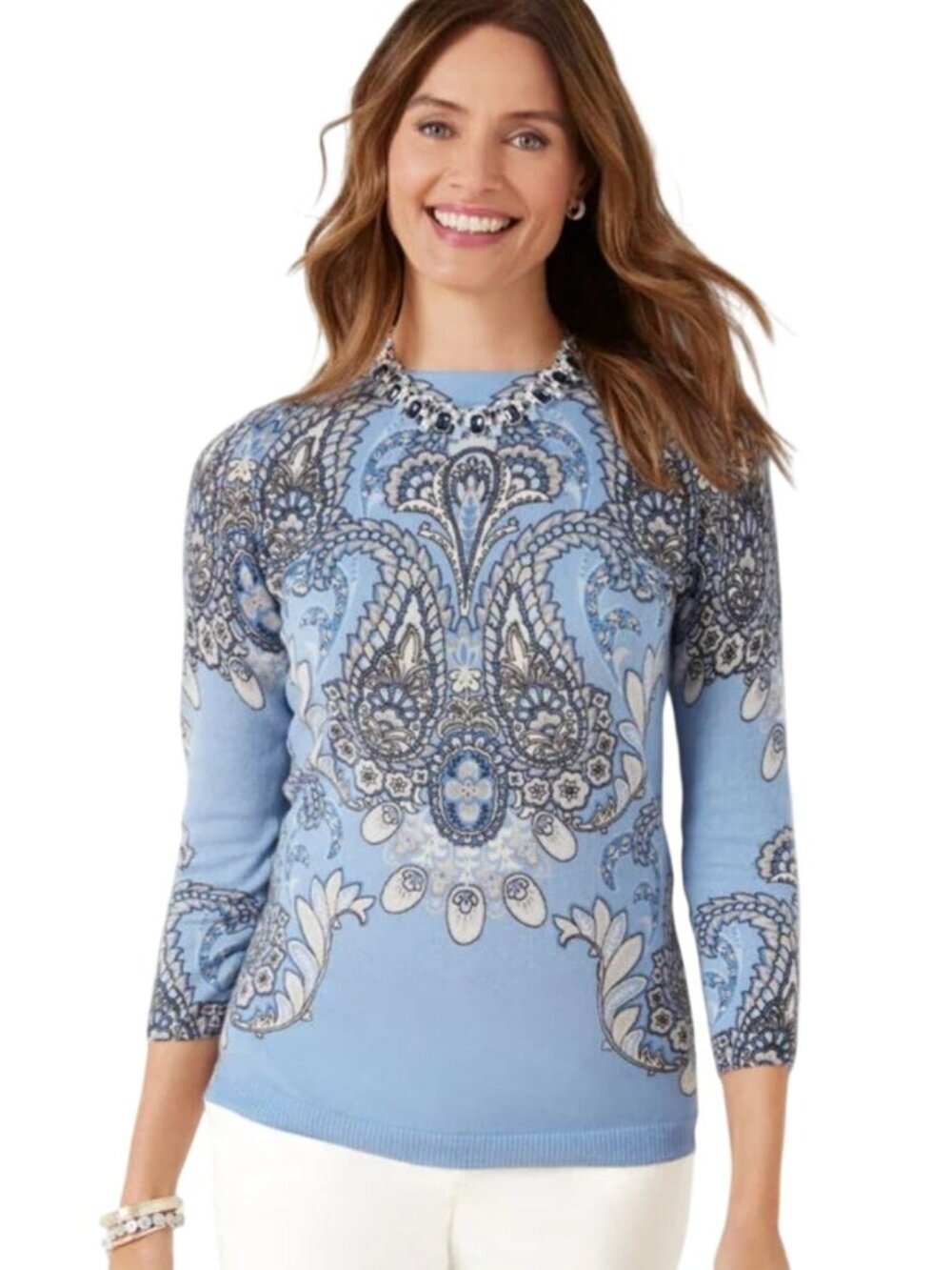 Talbots Audrey Cashmere Sweater Paisley Medallion Blue Crewneck Size L
